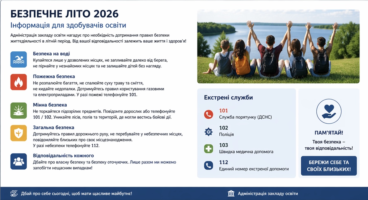 Безпечне літо 2026. Інформація для здобувачів освіти